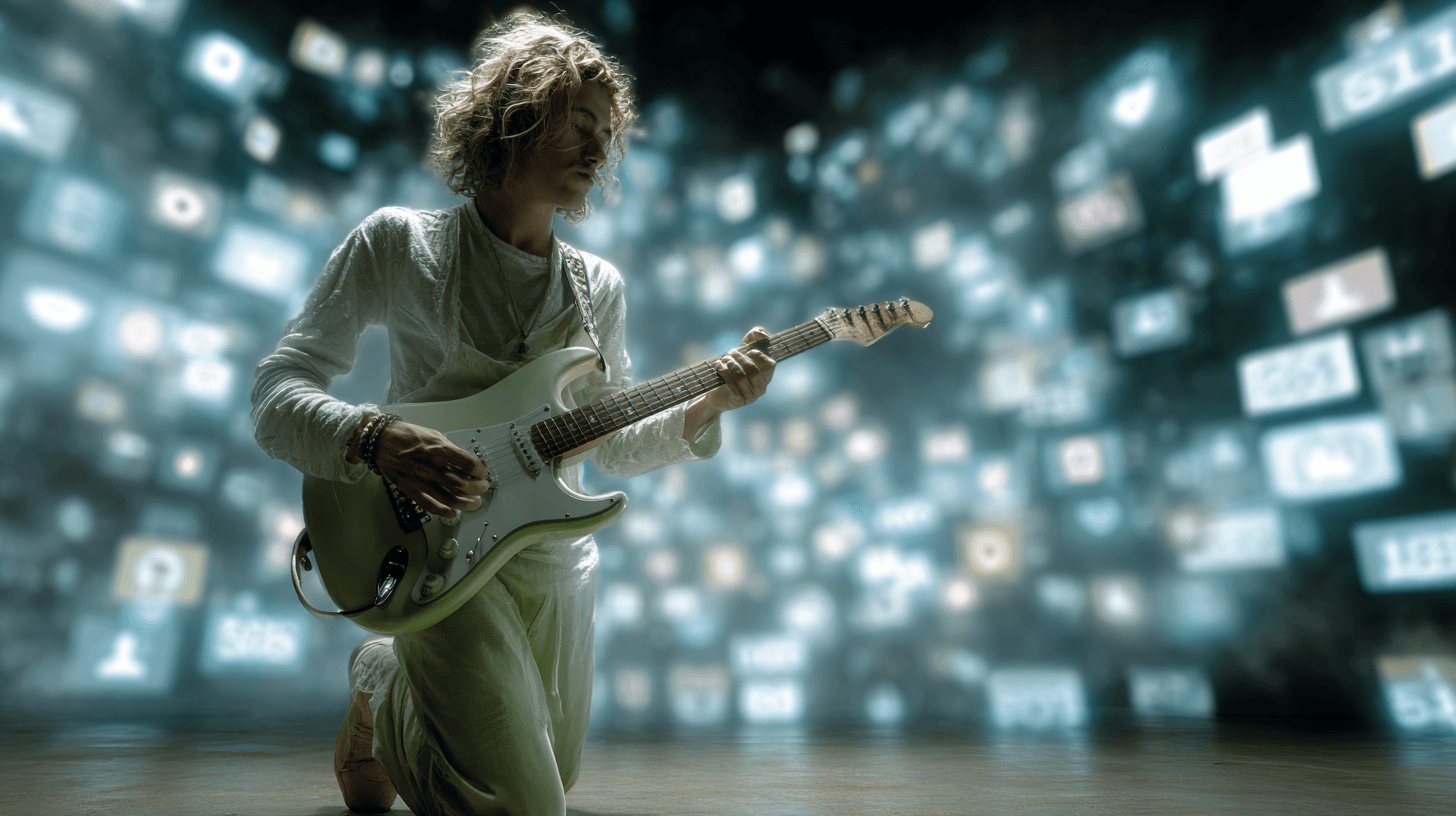 Guitarist kneeling, surrounded by digital icons.