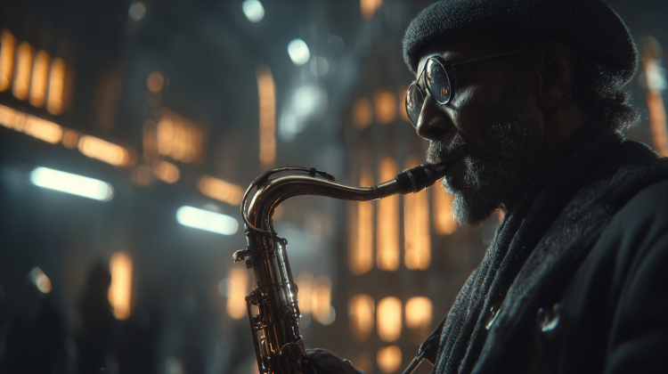 Musician playing saxophone in dimly lit venue
