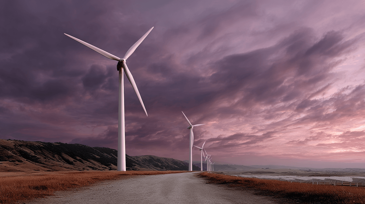 Wind turbines on hill under dramatic purple sky