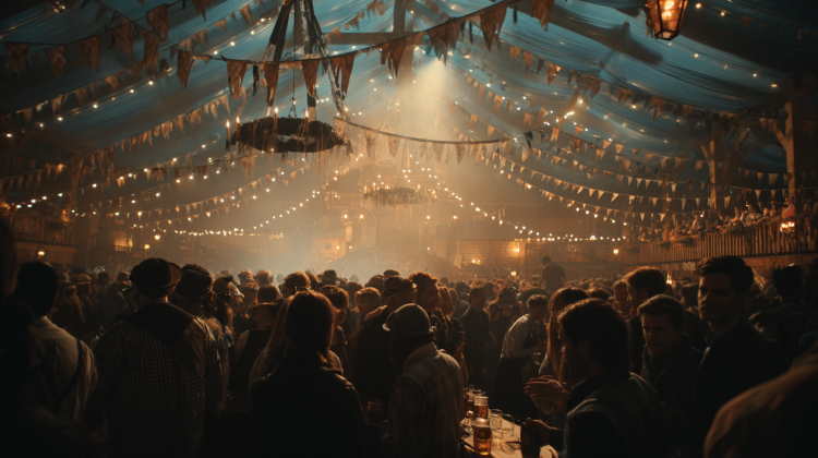 Crowded Oktoberfest celebration in festive tent.