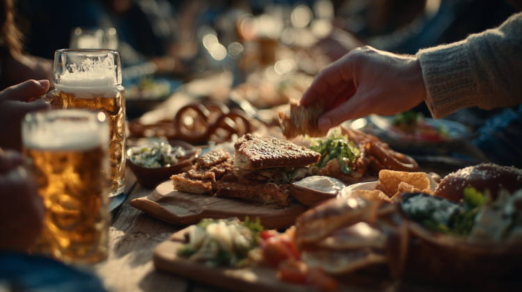 People enjoying food and beer outdoors.