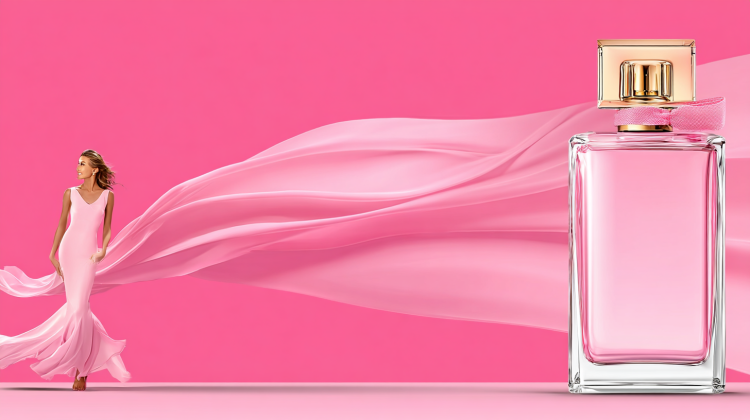 Elegant perfume bottle and flowing pink dress