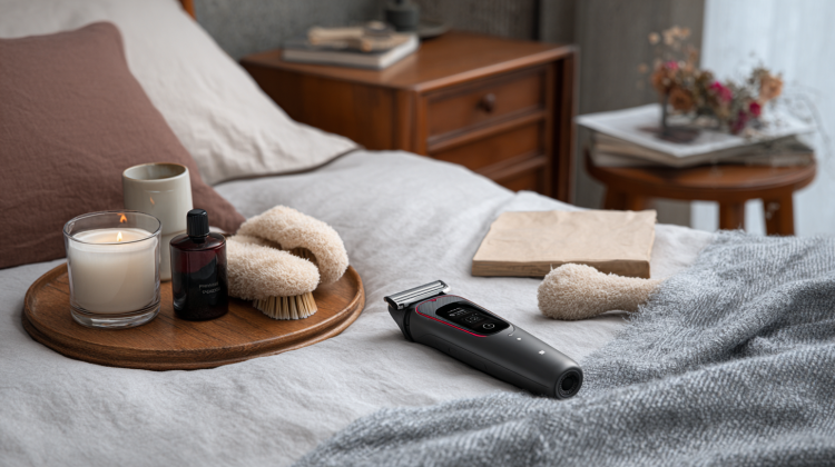 Electric shaver with candle and toiletries on bed