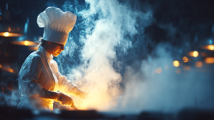 Chef cooking with flames and steam in kitchen.