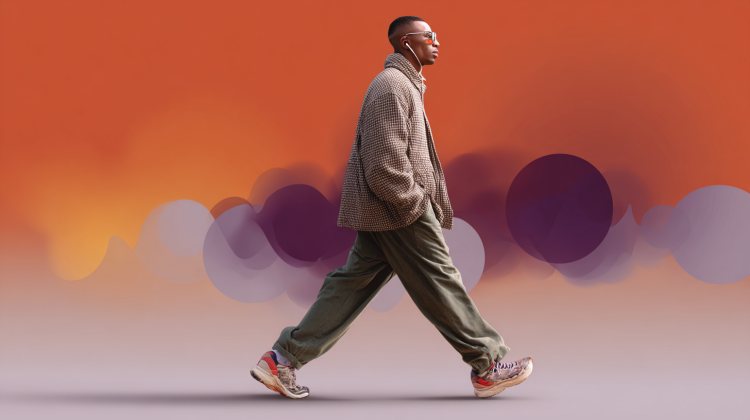 Person walking with headphones and colorful background