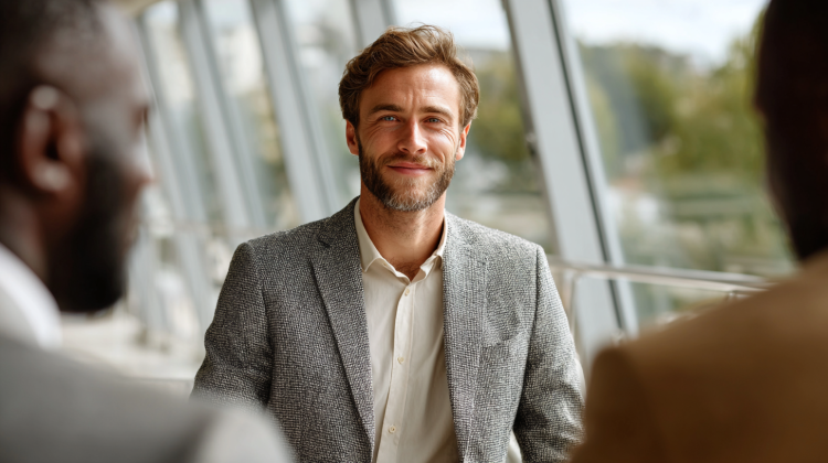 Man smiling at business meeting in modern office