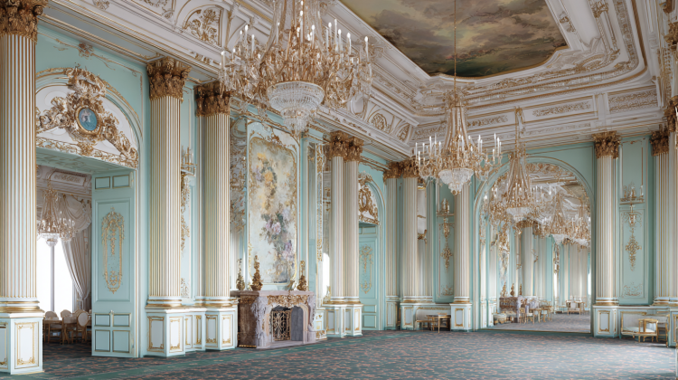 Ornate neoclassical ballroom with chandeliers and columns.