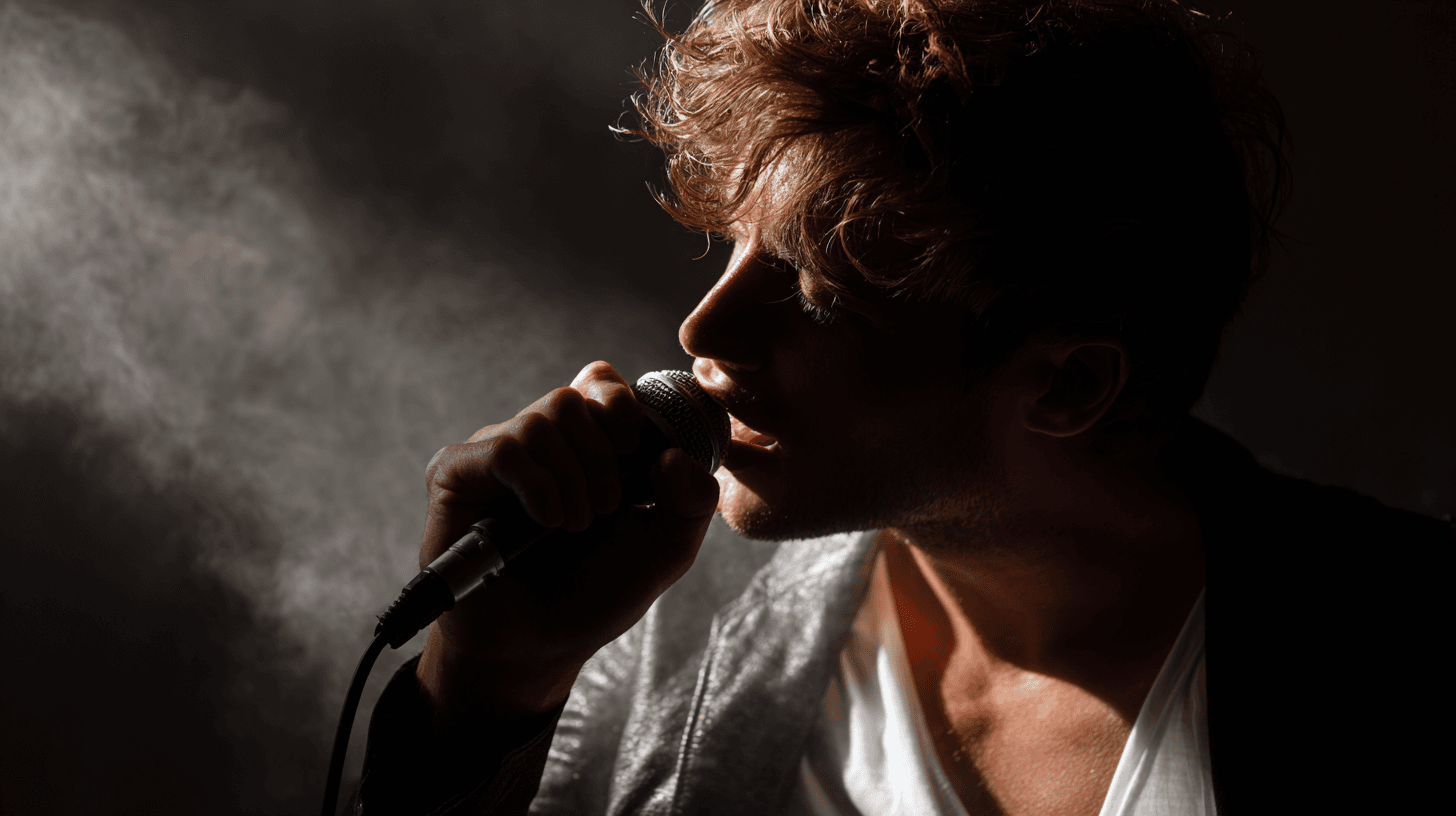 Silhouetted singer passionately performing with microphone