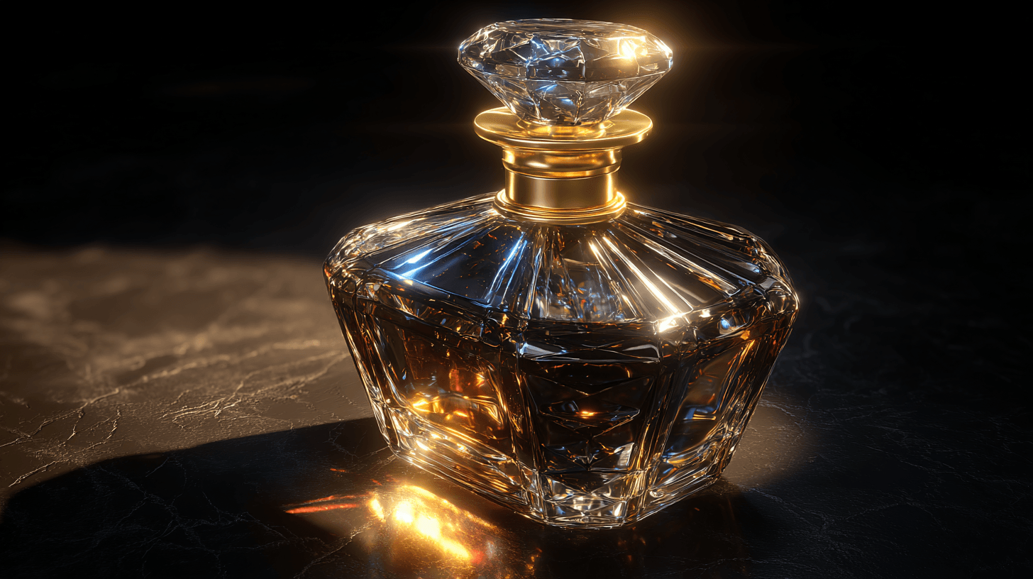 Luxurious diamond-cut glass perfume bottle with gold accents.