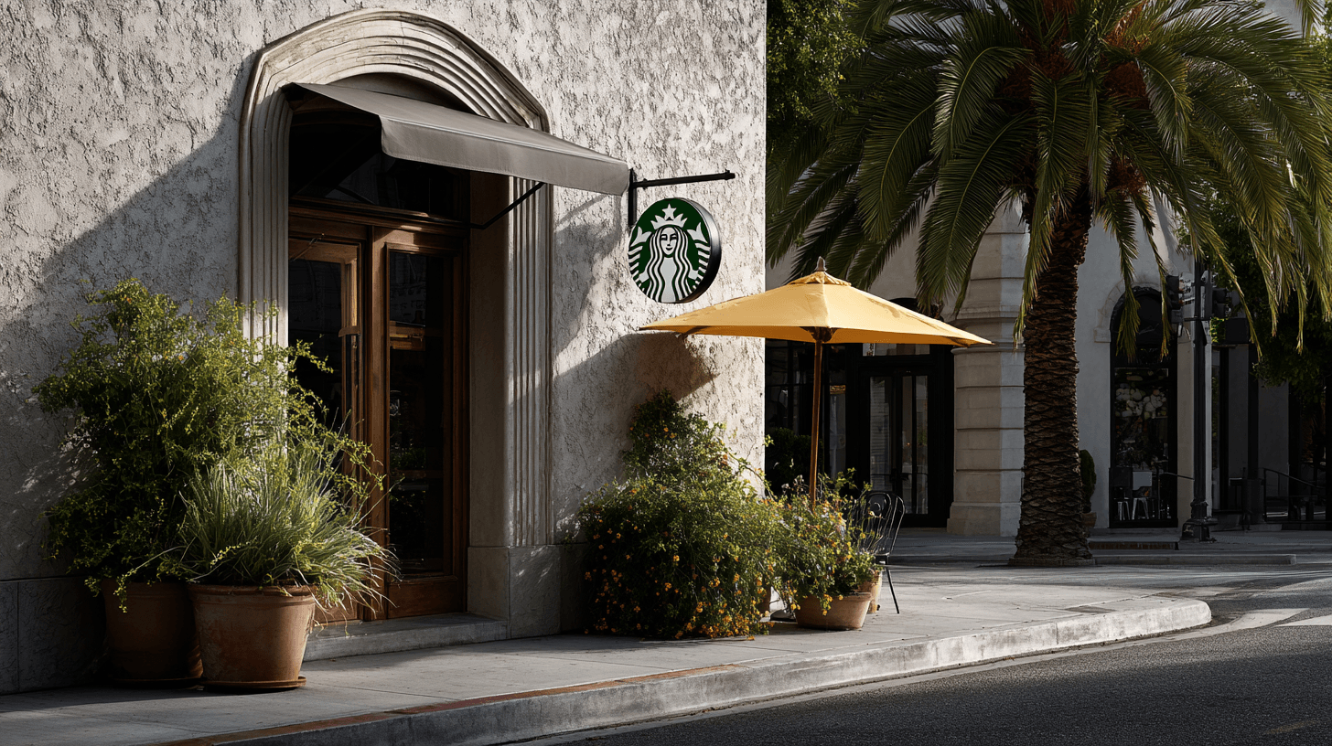 Outdoor café with yellow umbrella and plants