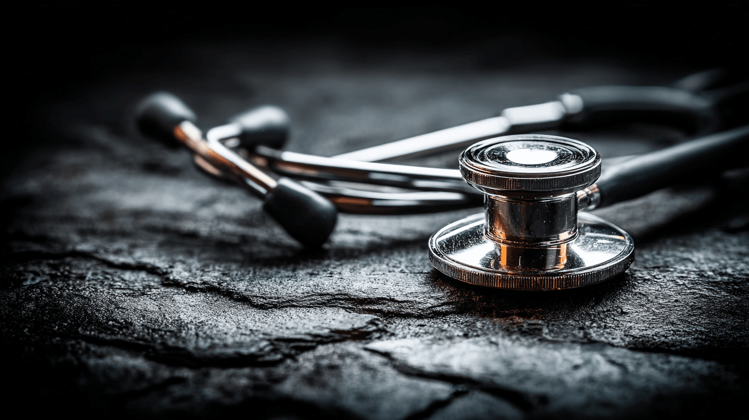 Close-up of stethoscope on dark surface.