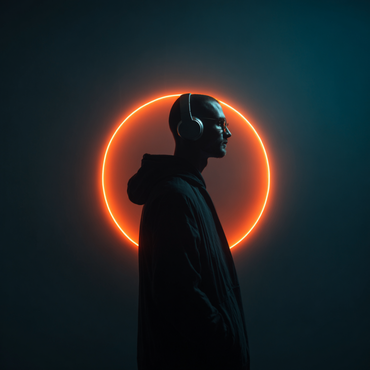 Silhouette with headphones and glowing orange circle.