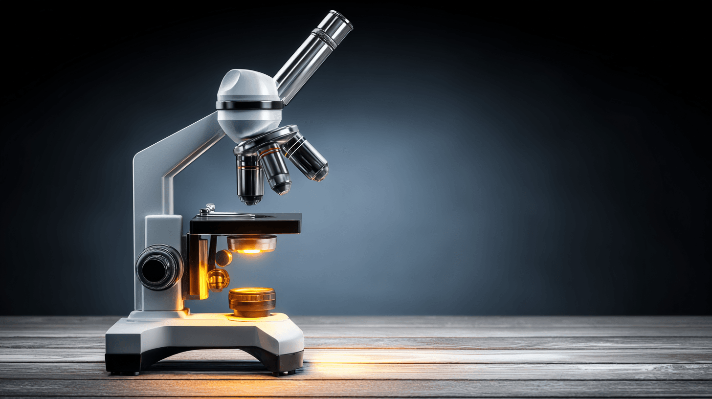 Illuminated microscope on wooden table