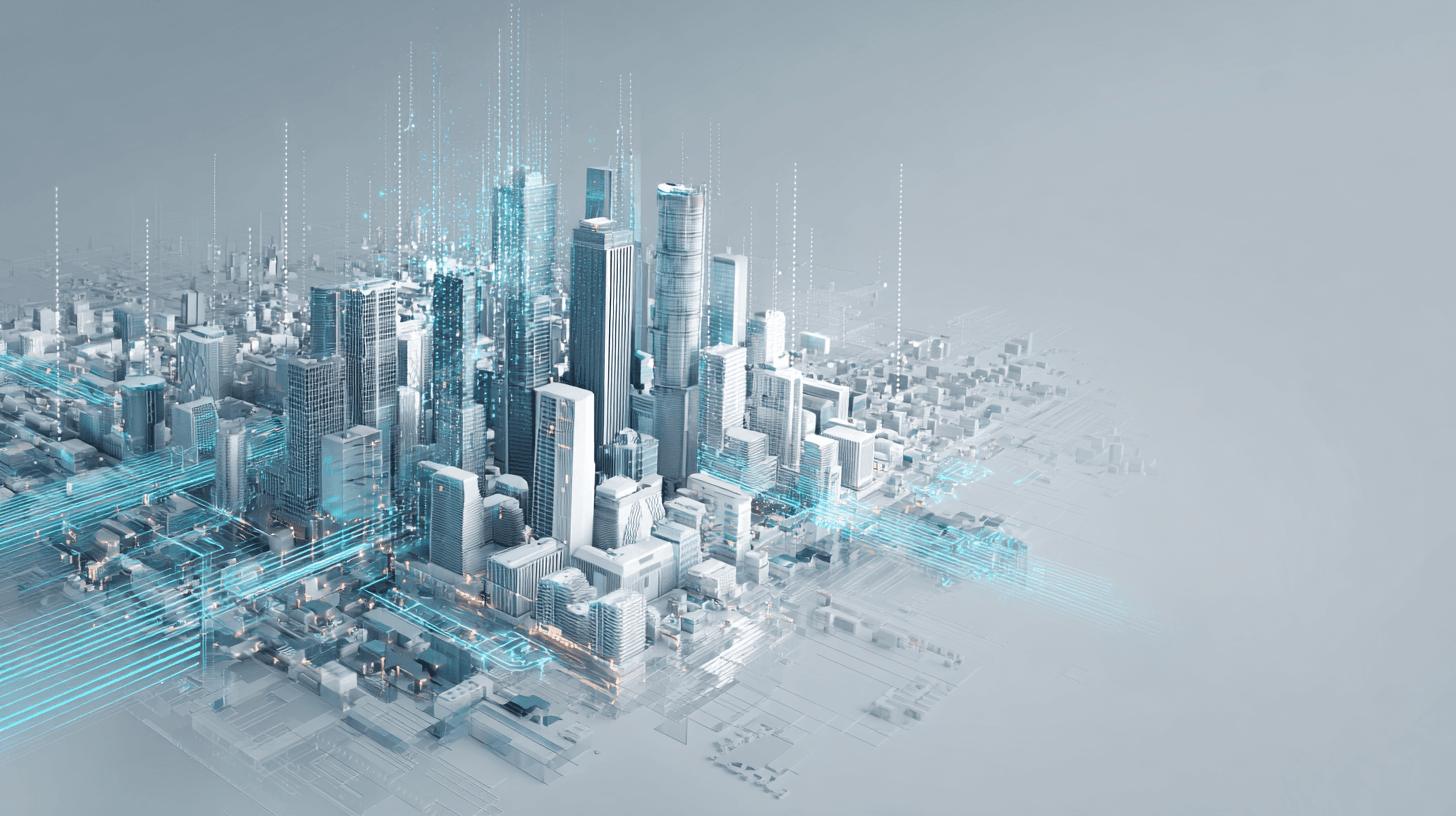 Futuristic digital cityscape with skyscrapers and networks.