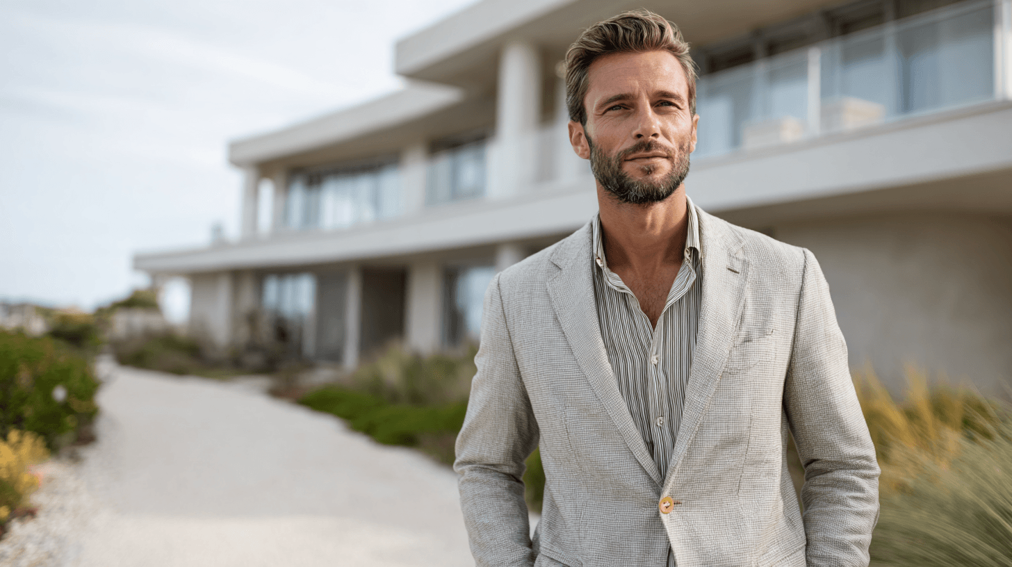 Man in suit outside modern building