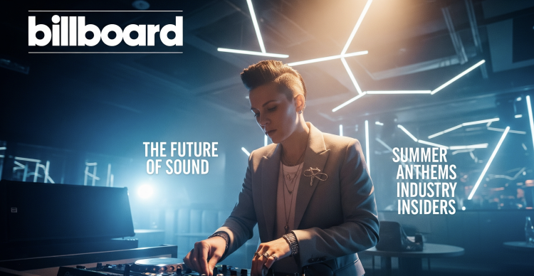 DJ performing in futuristic neon-lit space.