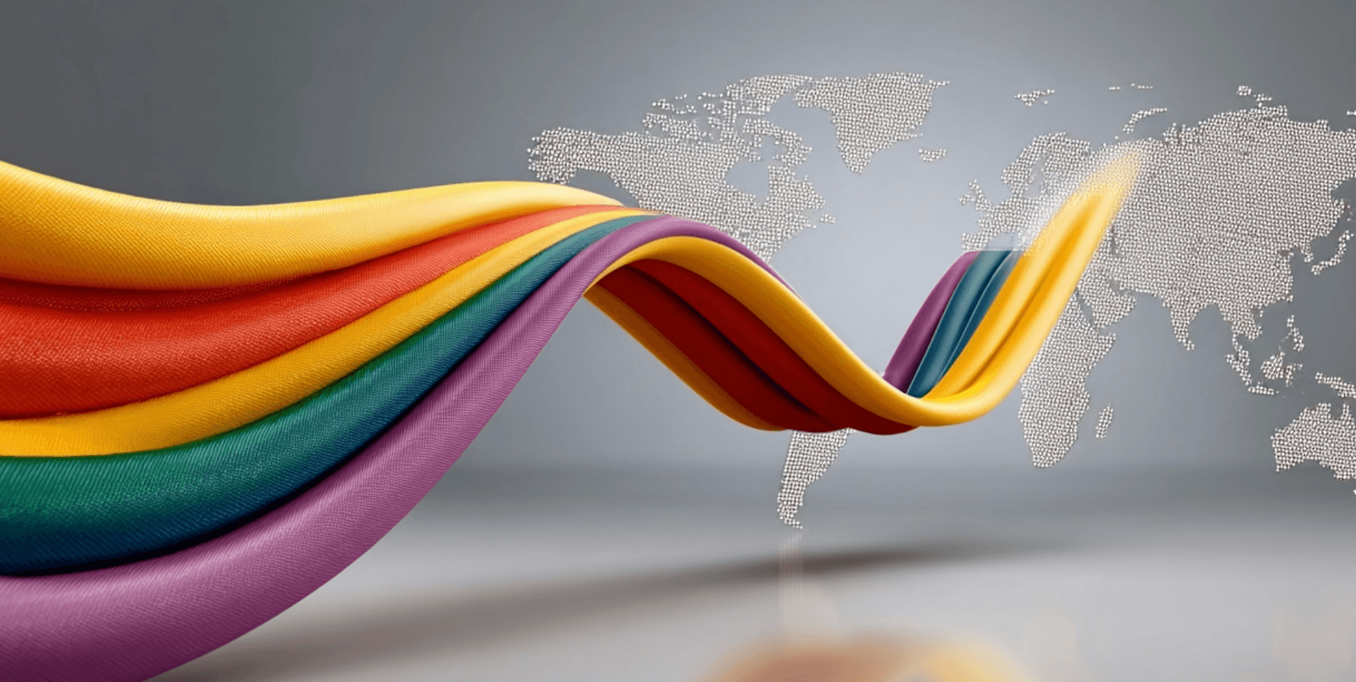 Colorful ribbon flowing over world map background.