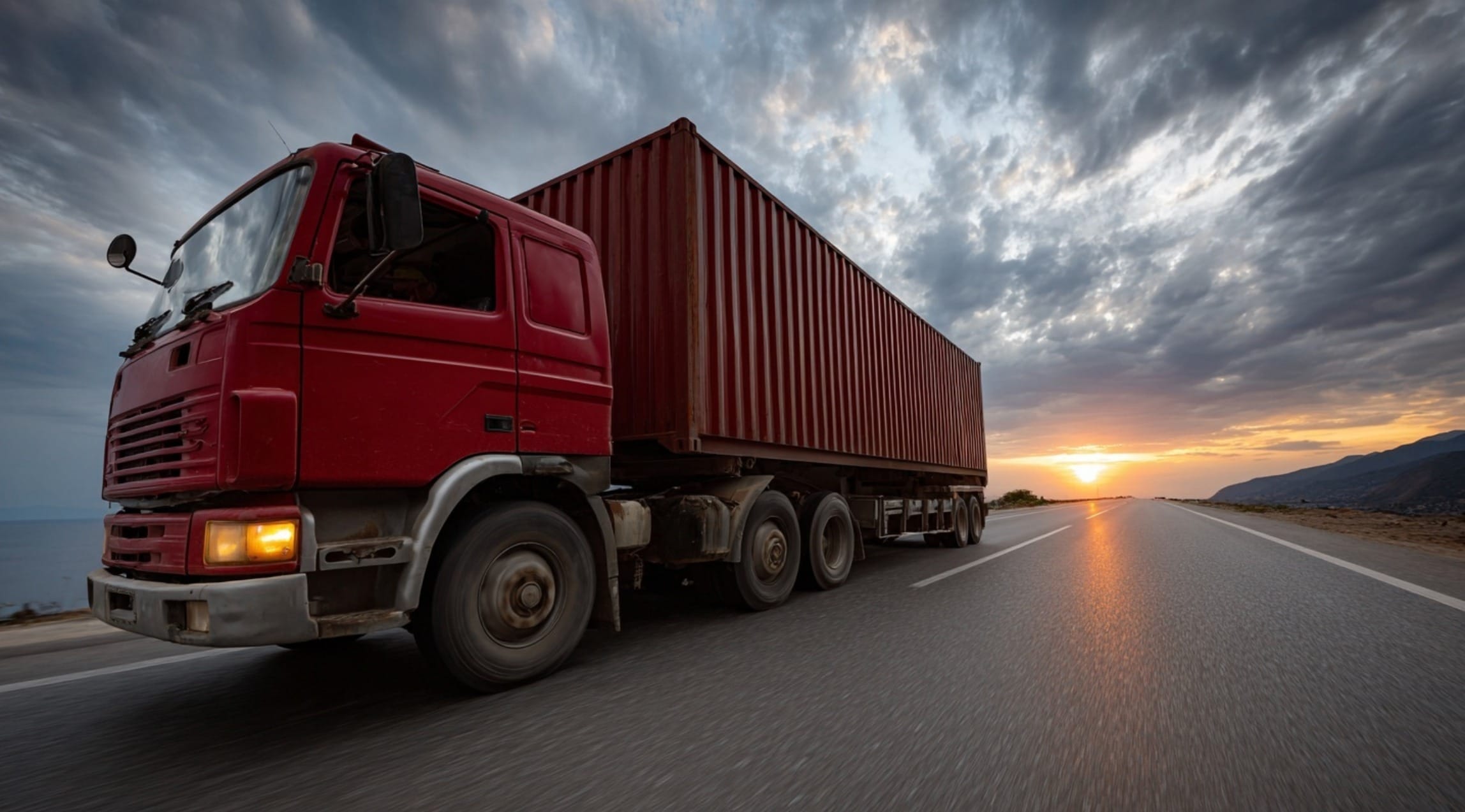 Red truck driving on highway at sunset