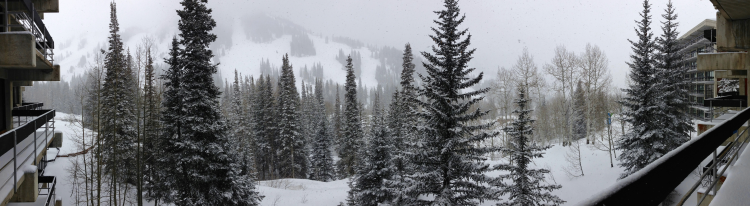 Snowy mountain view with trees and buildings.