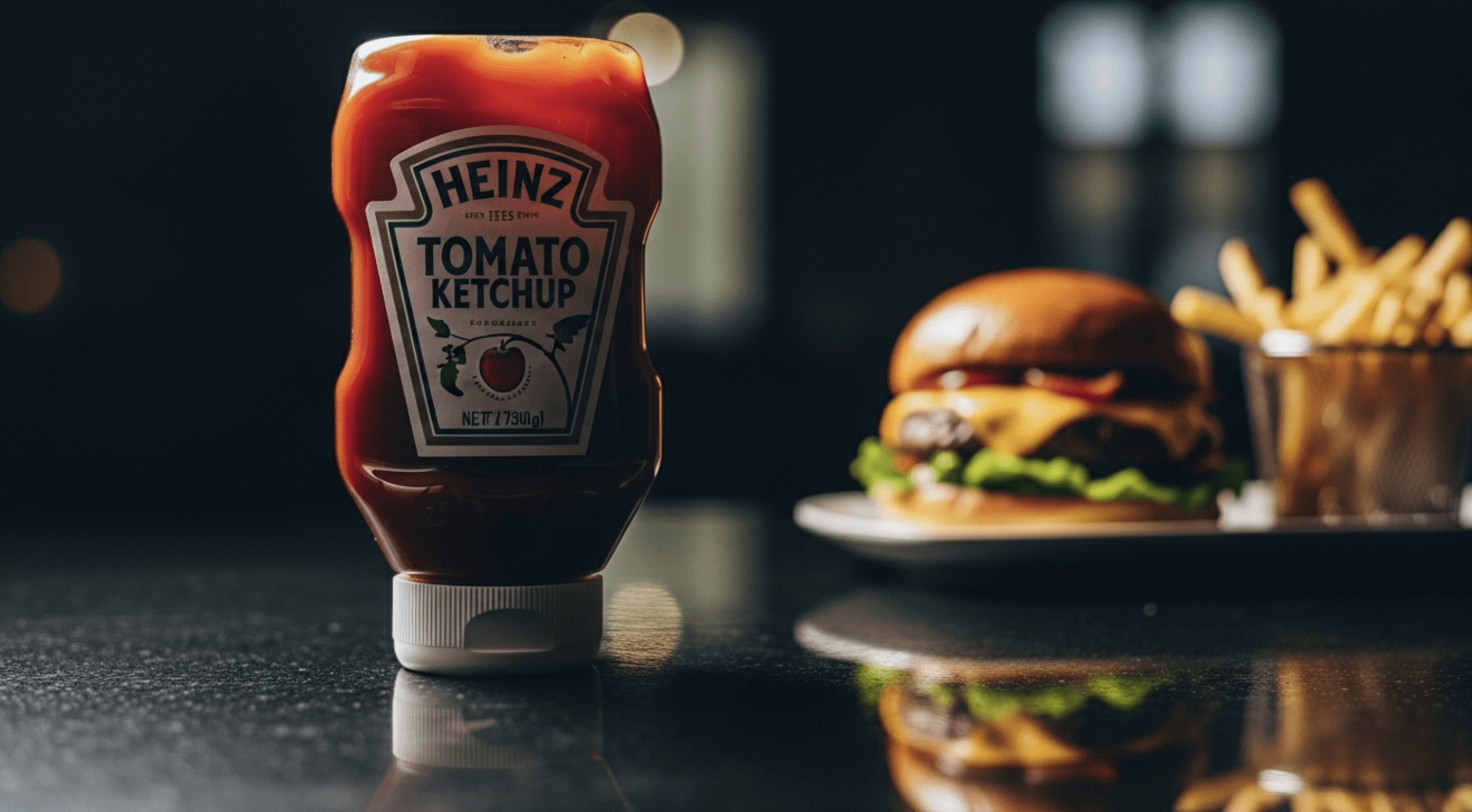 Ketchup bottle with burger and fries in background.