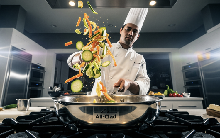 Chef tossing vegetables in pan on stove.