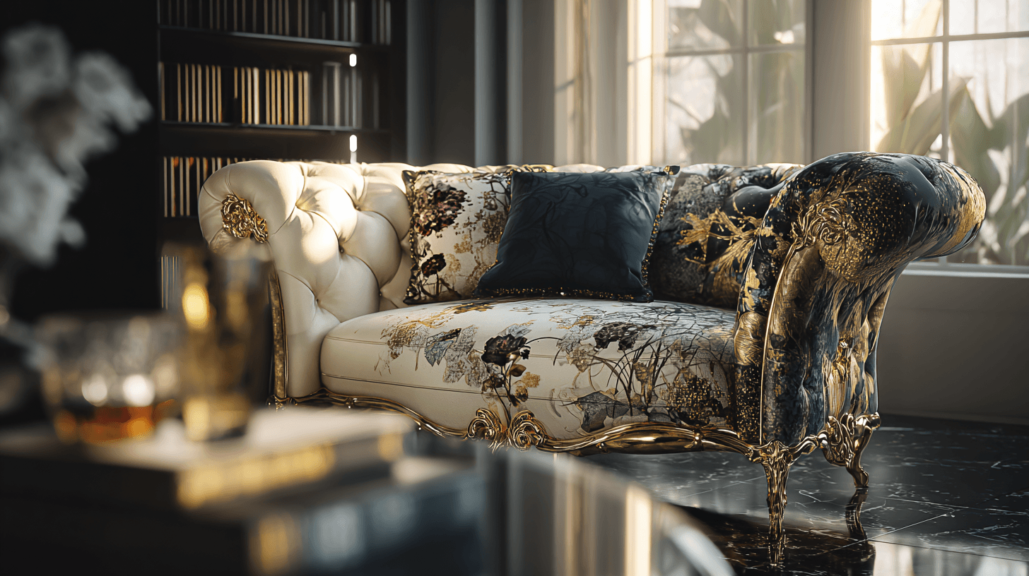 Elegant vintage sofa in a sunlit library room.