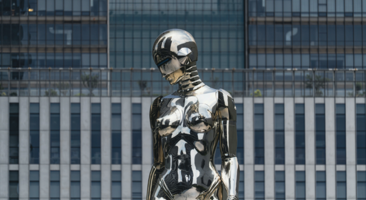 Futuristic chrome robot sculpture in urban setting.