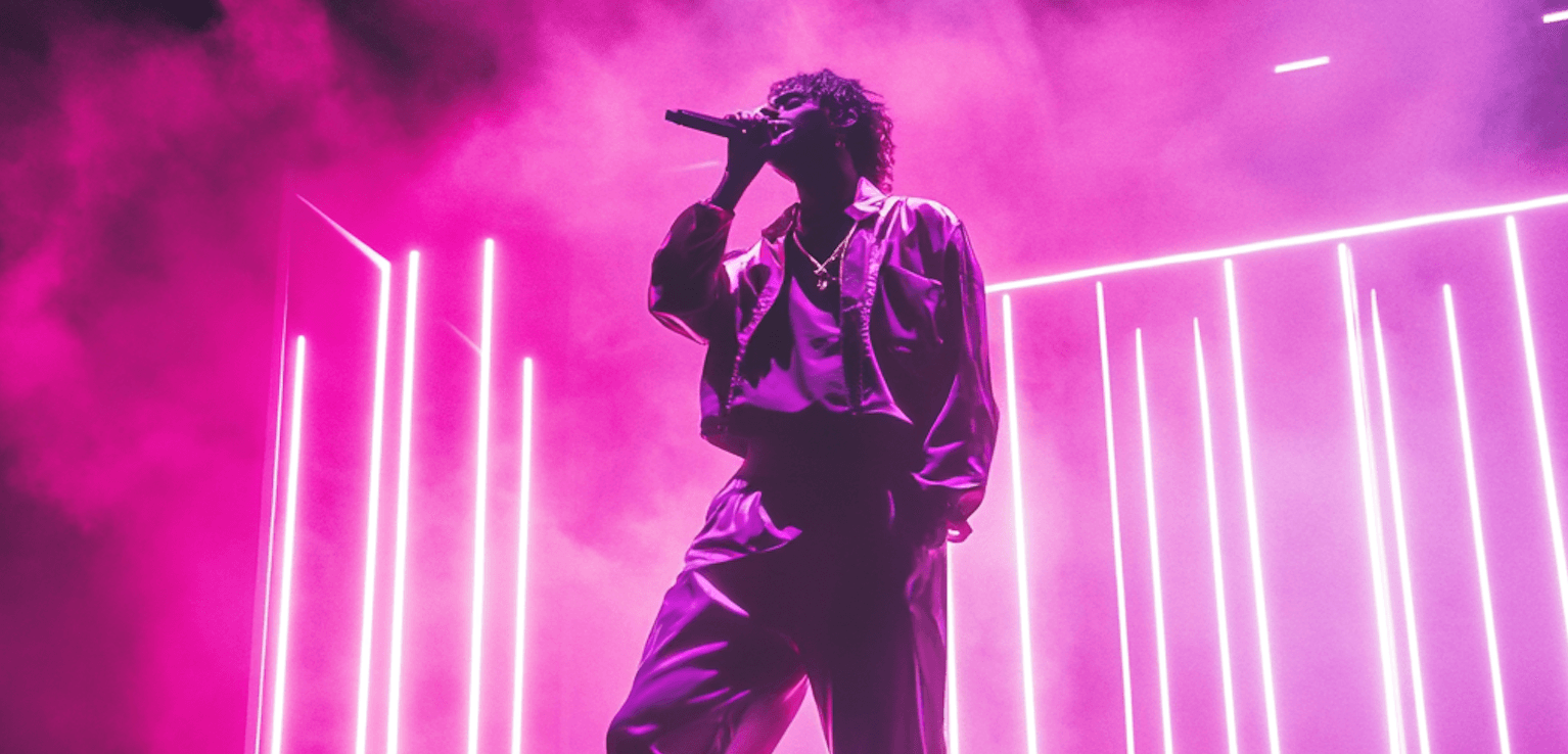 Performer singing onstage with vibrant pink lights.