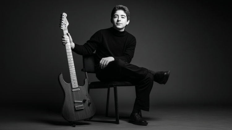 Person with electric guitar in black and white photo.