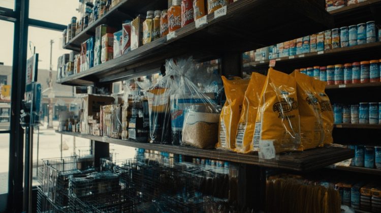 Grocery store shelves with various packaged goods.