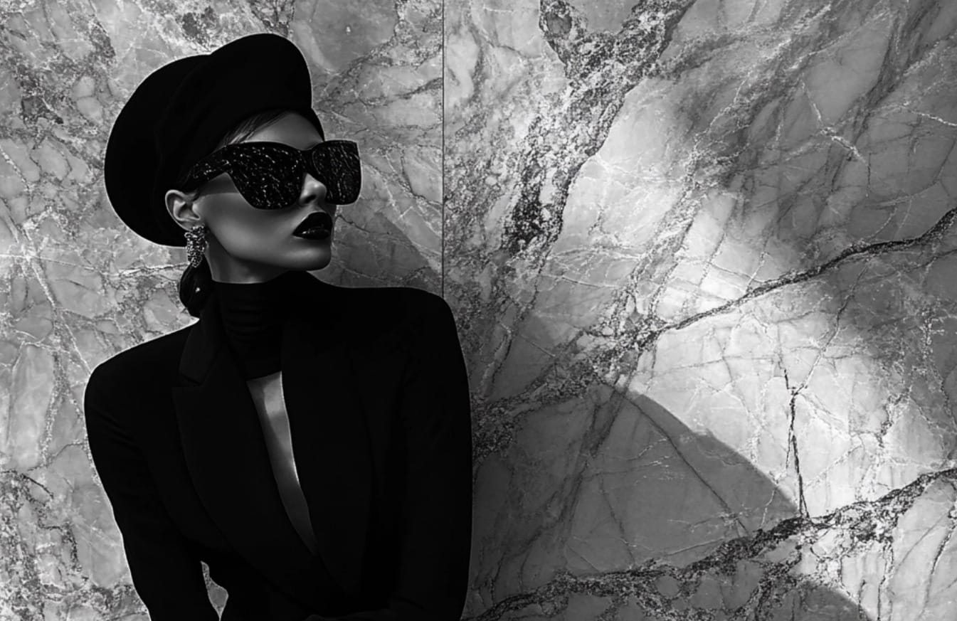 Stylish person in monochrome fashion, marble backdrop.