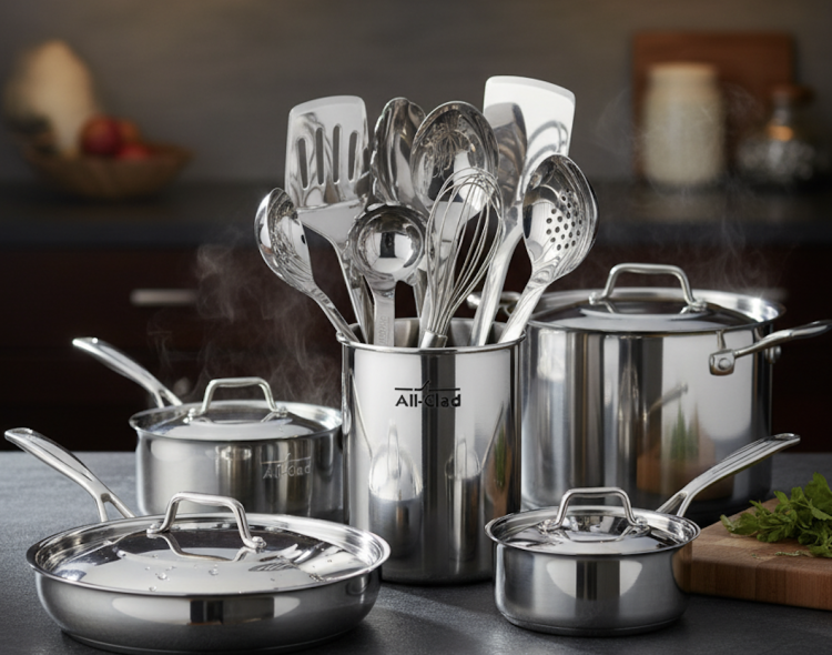 Stainless steel cookware set with utensils