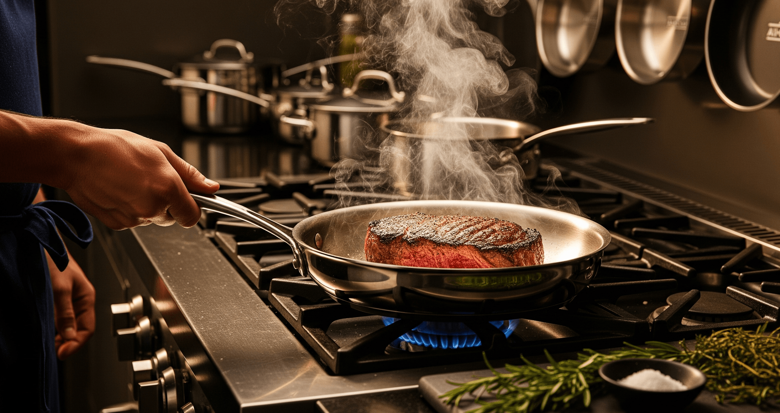 Steak searing in a pan on the stove.