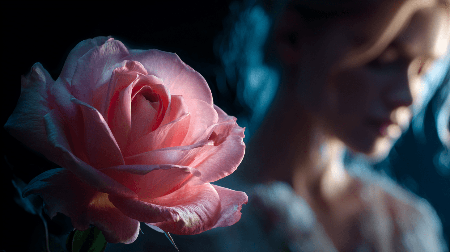 Pink rose with blurred person in background