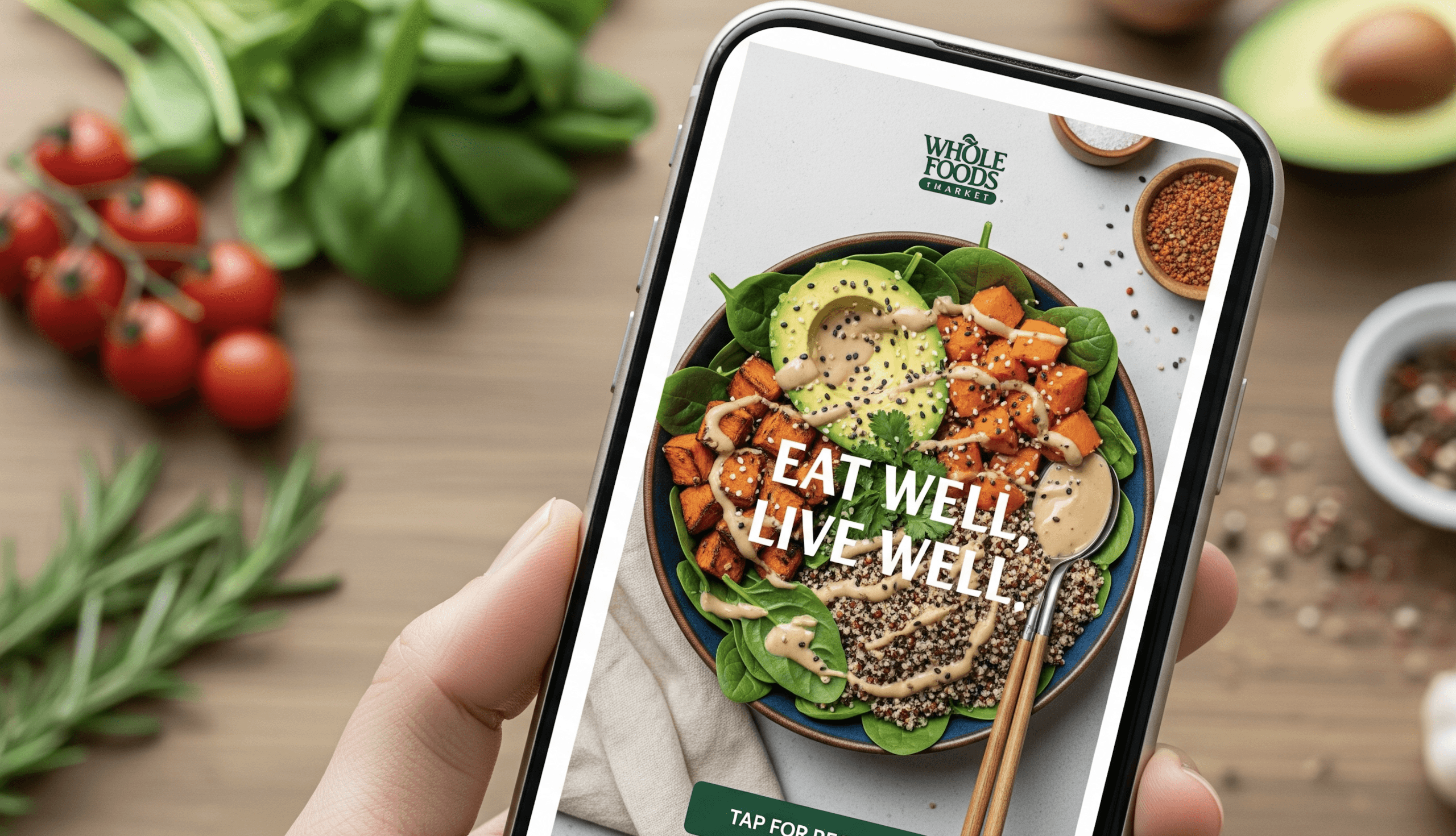 Smartphone displays healthy salad on table.
