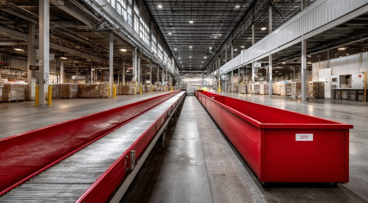 Industrial warehouse with red conveyor belts