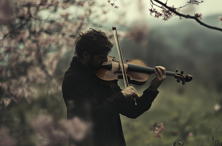 Person playing violin outdoors among blooming trees.
