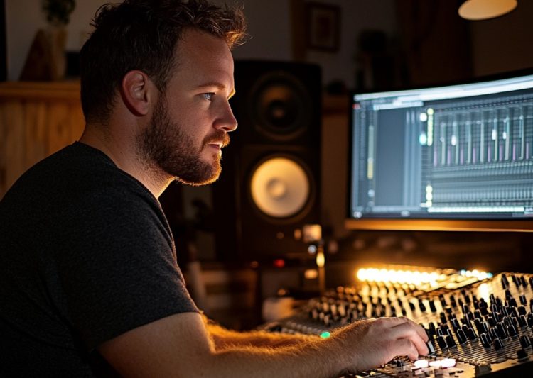 Sound engineer mixing on audio console