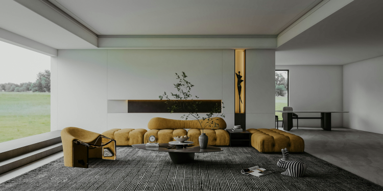 Modern minimalist living room with yellow furniture