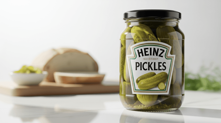 Jar of Heinz pickles with bread in background