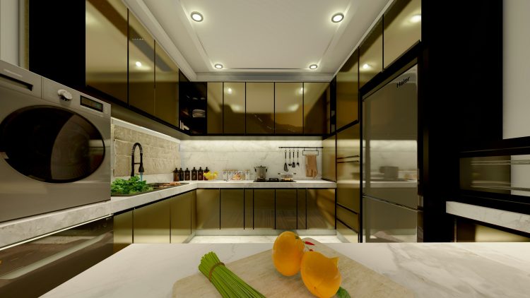 Modern kitchen with sleek cabinets and fresh ingredients.