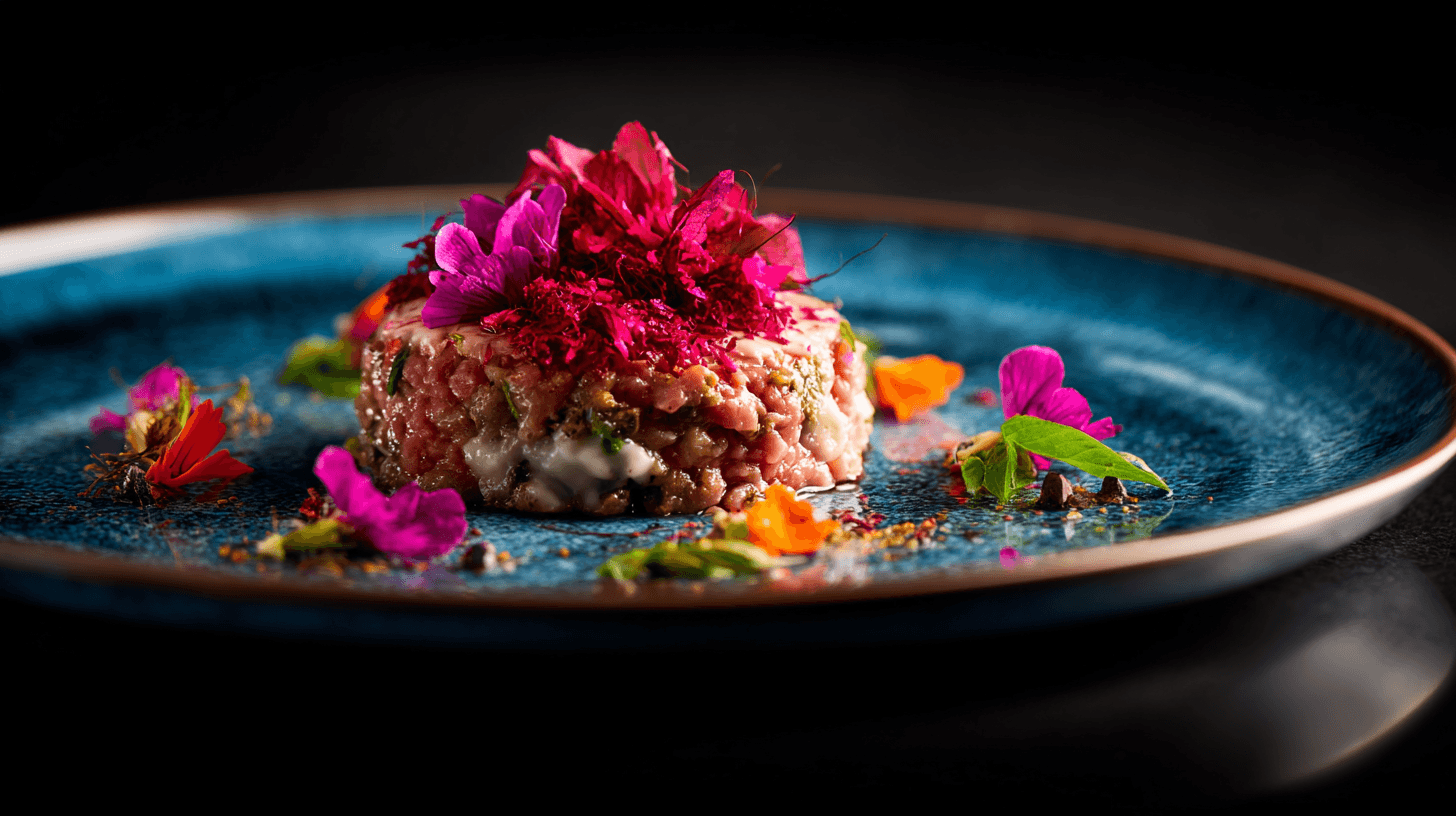 Gourmet steak tartare with vibrant edible flowers.