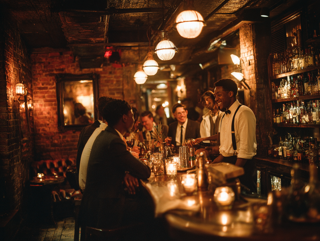 u3737758982_A_dimly_lit_speakeasy_bar_interior_candlelit_atmo_4c04d4e5-a22f-4b42-b3e6-e9e0222bfeda_1 Bartender serving customers in dimly lit vintage bar.