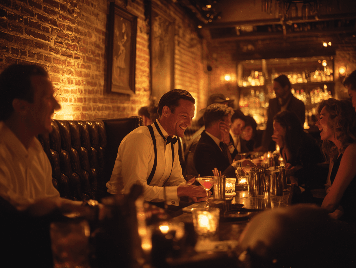 Lively group enjoys cocktails in dimly lit bar