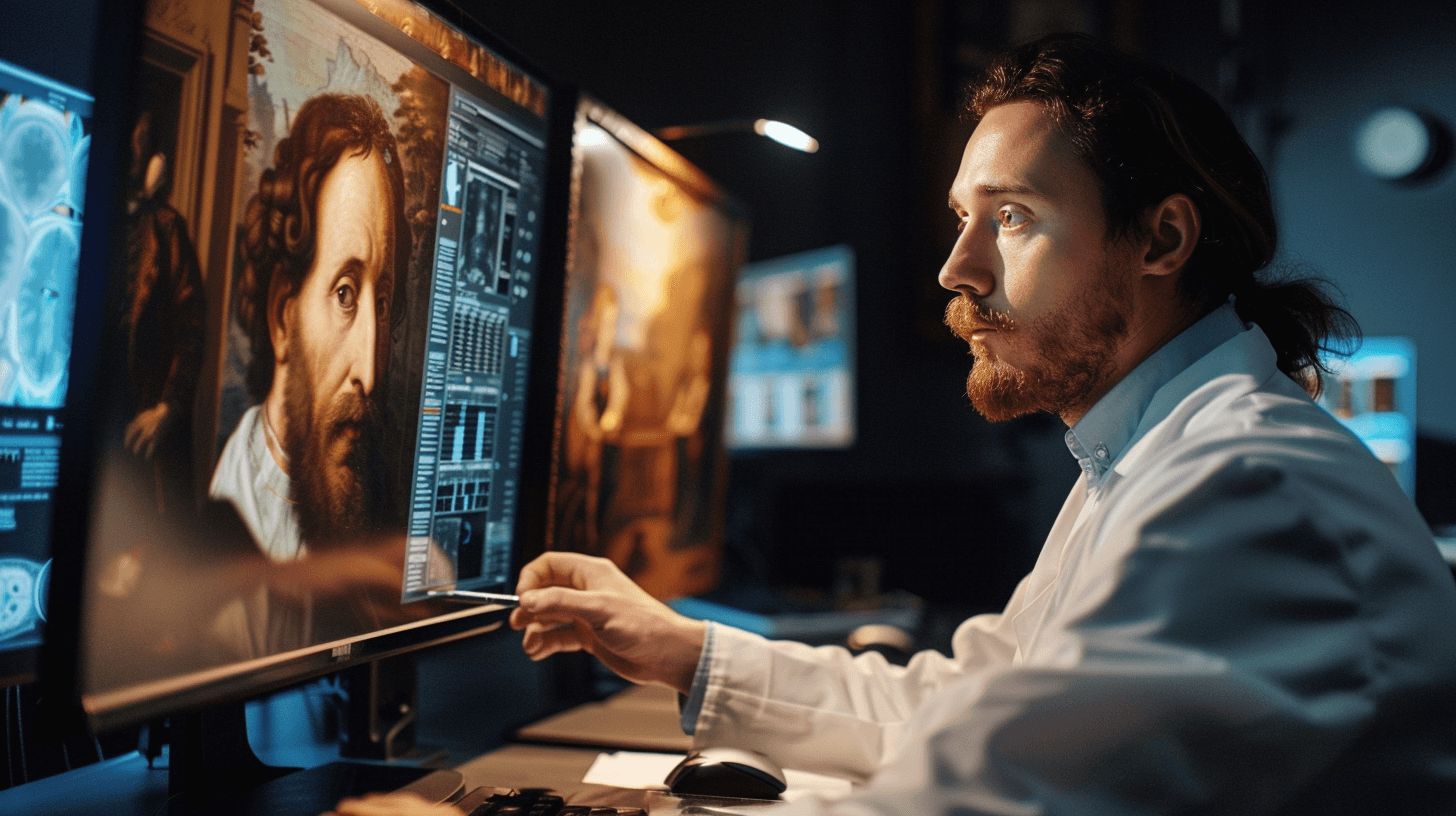 Scientist analyzing portrait on computer screen