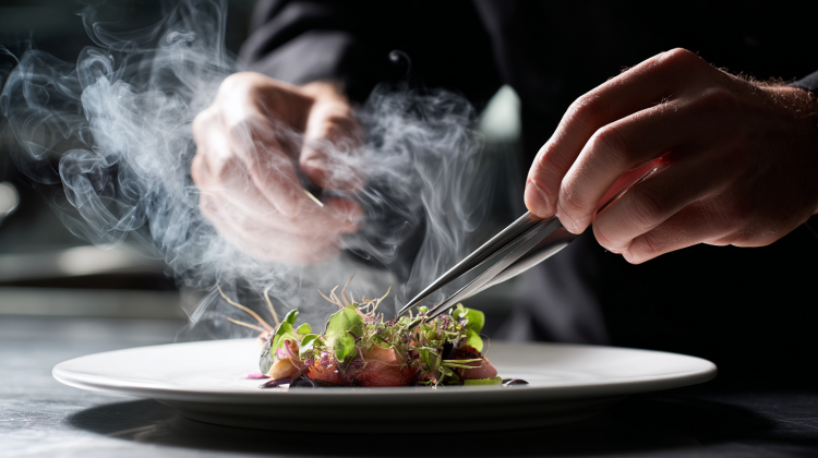 Chef garnishes dish with fresh greens and smoke.