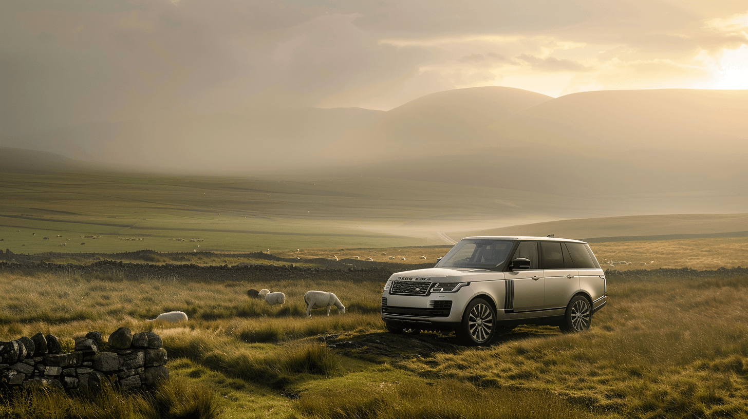 SUV in scenic countryside with sheep grazing nearby.