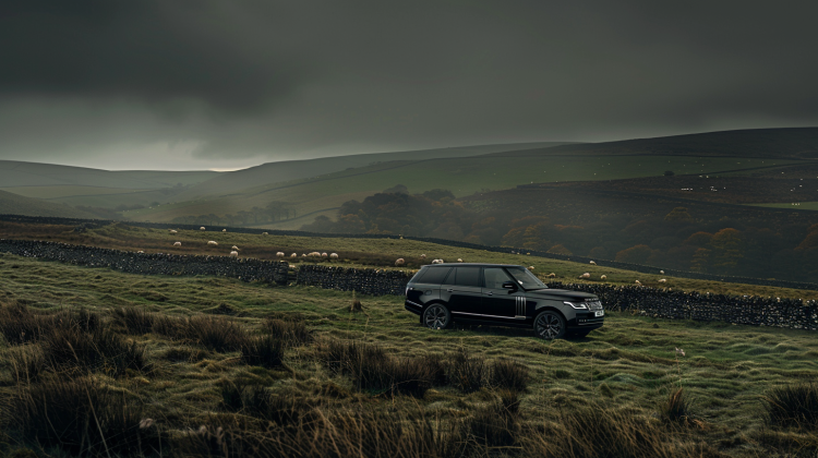 SUV driving through rugged countryside landscape