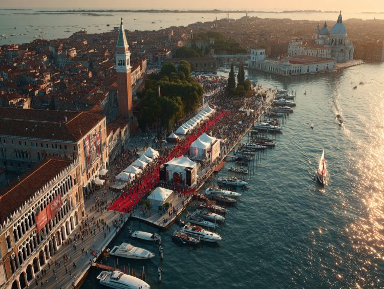 Aerial view of Venice waterfront during sunset festival.