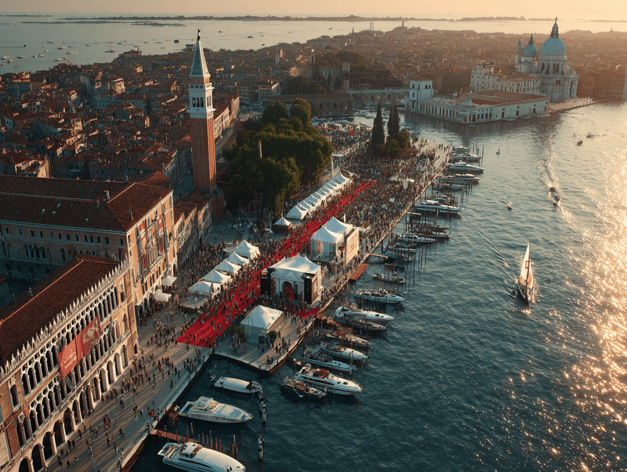 Aerial view of Venice festival by the waterfront.